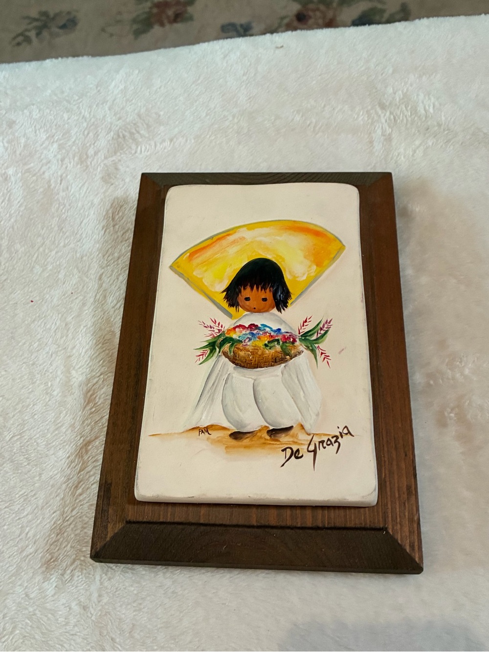 Vintage De Grazia hand painted tile framed in wood- Native American boy